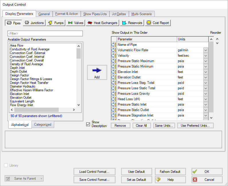 The Output Control window. The pipe parameters are shown.